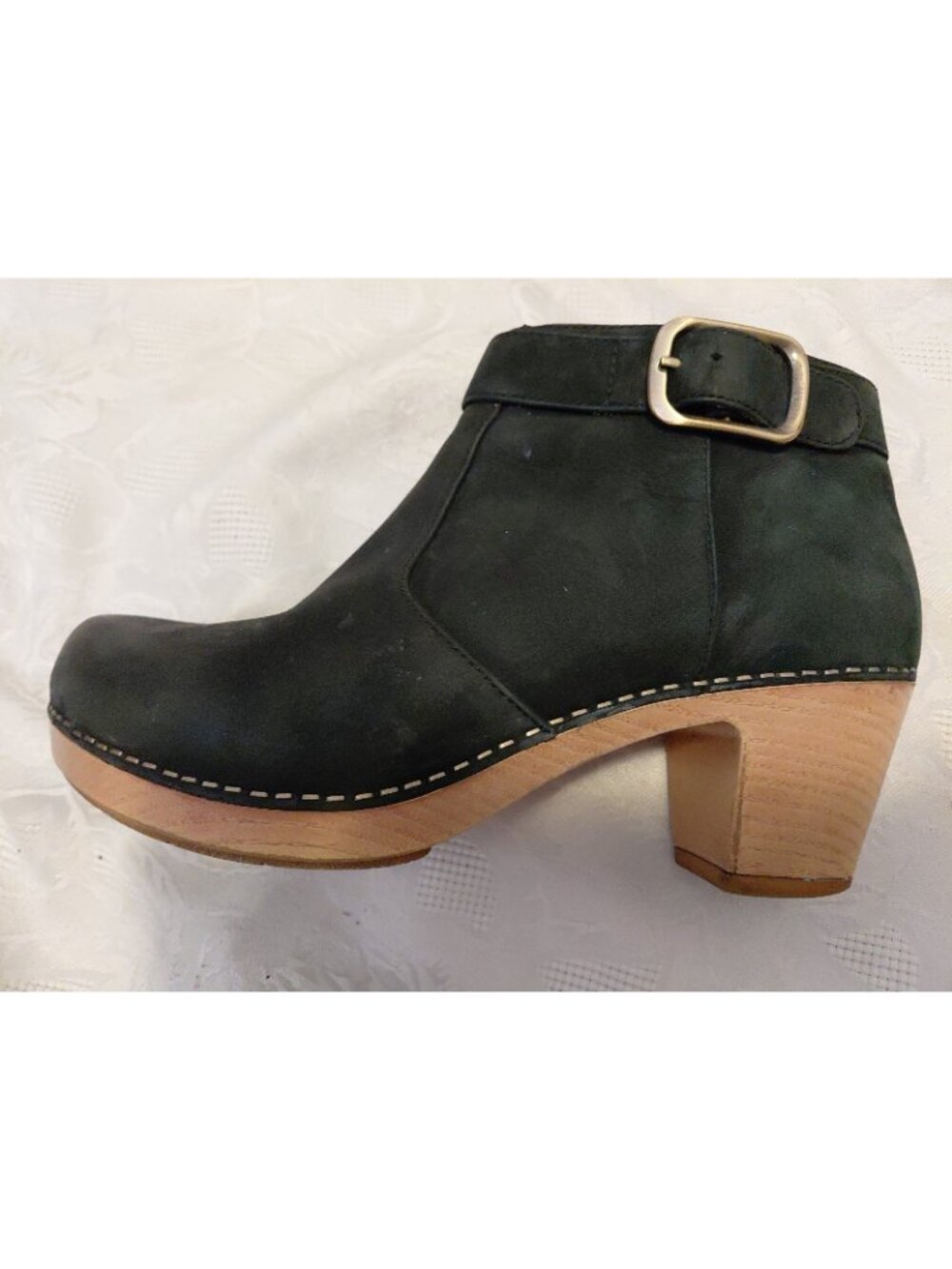 Dansko Ankle Bootie Nubuck Leather Autumn Black Size 38 Faux Wood Block Heel - Picture 3 of 11